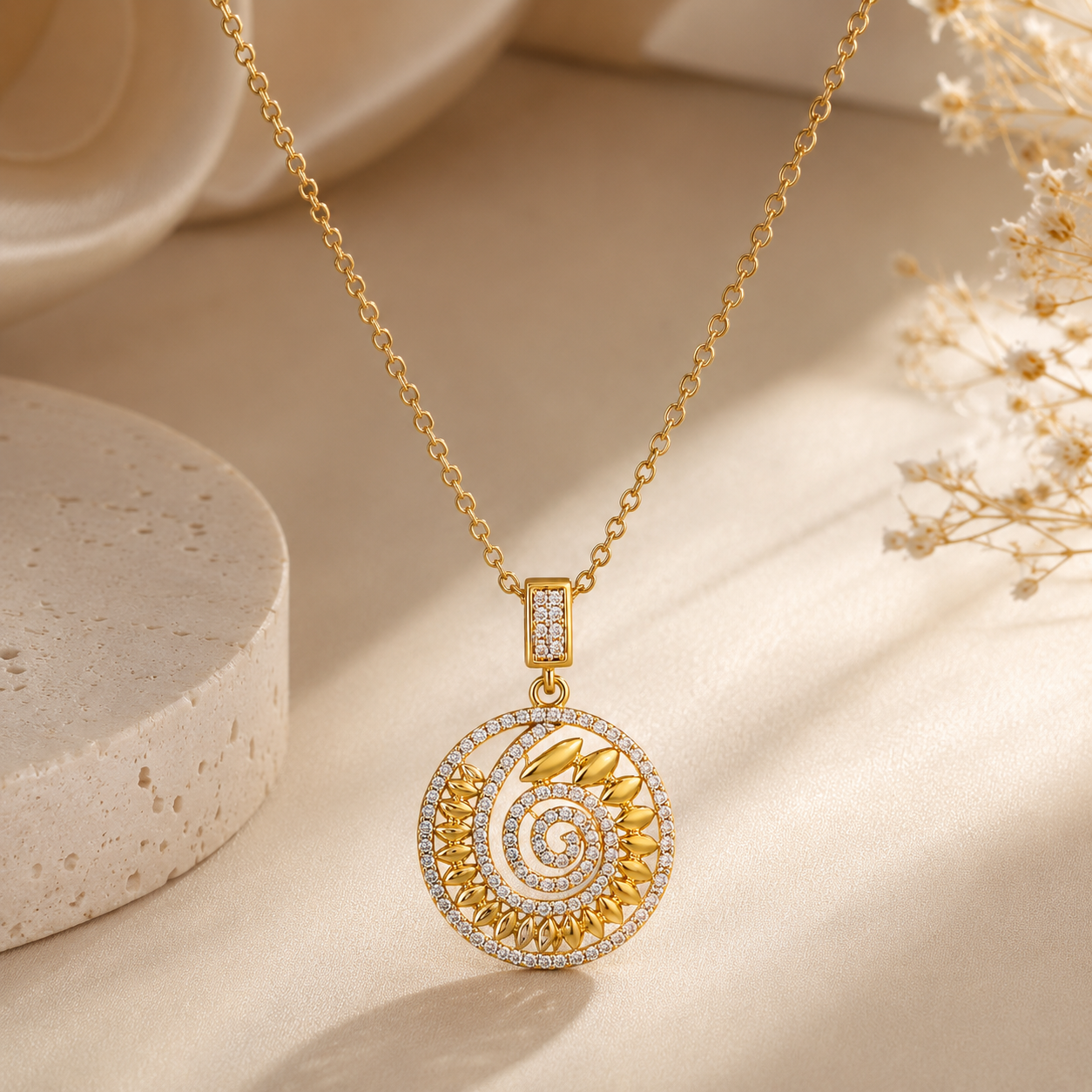 A gold pendant necklace with a spiral design, adorned with zircon, displayed on a warm beige fabric background with decorative stone and dried flowers.